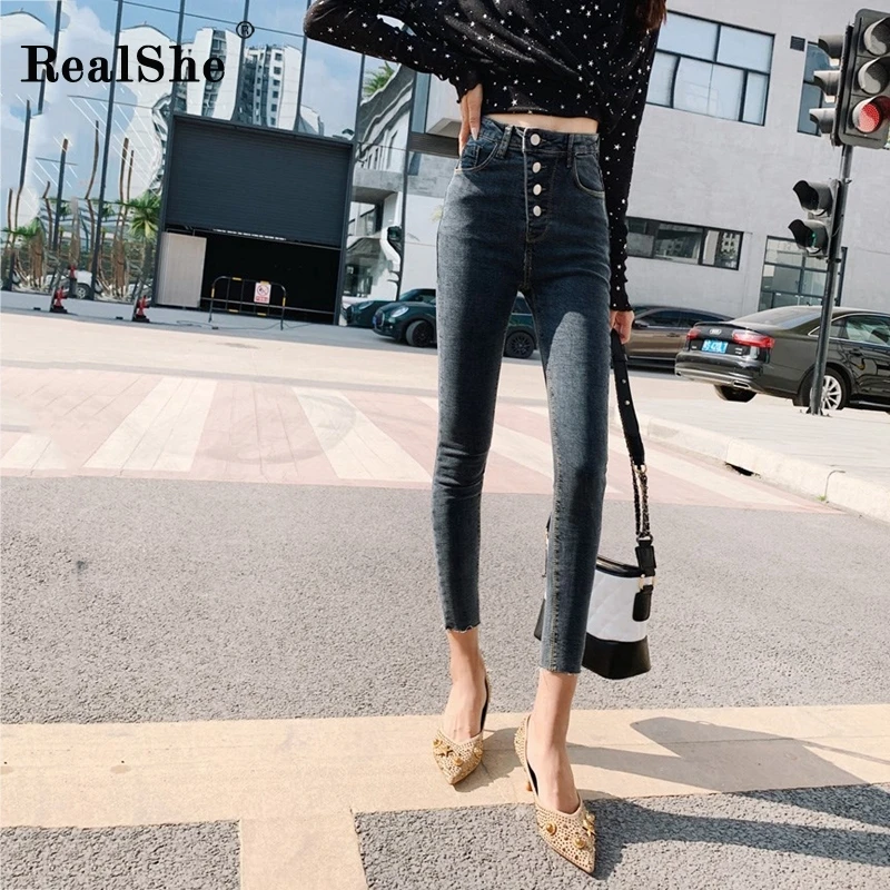RealShe джинсы для женщин, высокая талия, пуговицы, карманы, узкие брюки, джинсы для женщин, весна, осень, повседневные, обтягивающие, Deans Femme Taille Haute