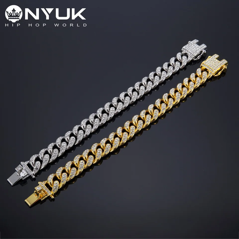 

NYUK Hip Hop Bling Iced Out Miami Cuban Link Chain Full AAA Crystal Pave Bracelet Gold Silver Color Paved CZ Rapper Jewelry