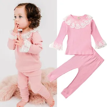 

1-6years Cute Girls Clothing 2019 Pink Long Sleeve T-Shirt For Girls Long Pants Girls Outfits Lace Princess Children Clothes Set