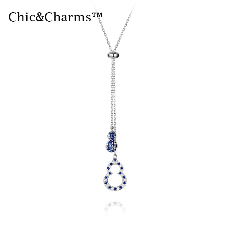 

Chic&Charms 9K&14K Real White Gold Natural Diamond Sapphire Chains Necklaces Gourd Pierced women Necklace