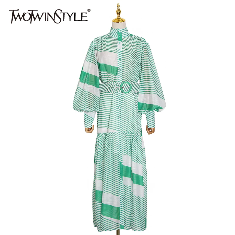 TWOTWINSTYLE Patchwork Irregular Striped Women Dress Stand Collar Lantern Sleeve High Waist With Sashes Dresses Female 2020 New TWOTWINSTYLE Patchwork Irregular Striped Women Dress Stand Collar Lantern Sleeve High Waist With Sashes Dresses Female 2020 New