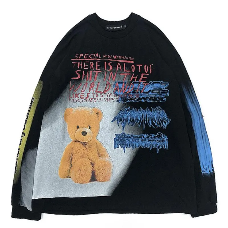 HEYGUY Teddy Bear Футболка с узором в стиле граффити для мужчин и женщин AW повседневные хлопковые топы с длинным рукавом футболки Harajuku уличная хип-хоп Футболка - Цвет: Черный