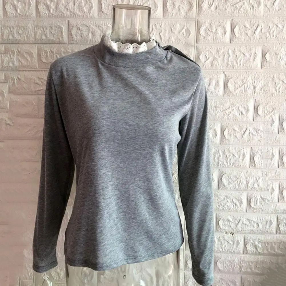 

Women Winter Solid Color Sexy Lace O Neck Shoulder Buttons Pullover Blouse Top