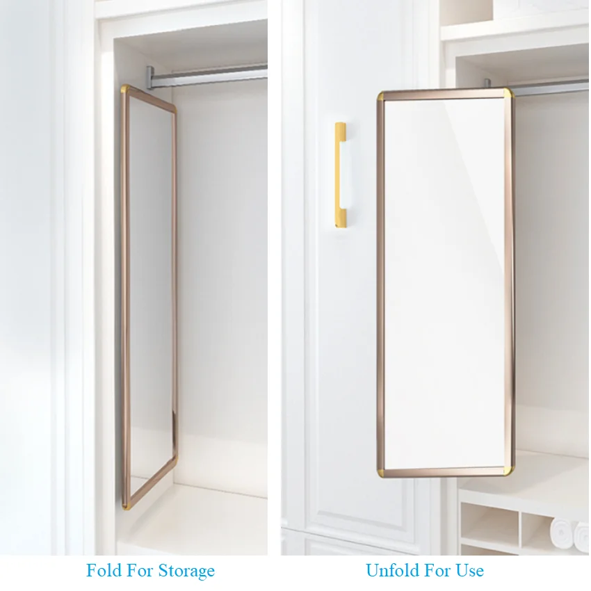 Pull Out & 90 Degrees Turn Ball Bearing Slide Conceal Flap Closet Folding Framed Mirror