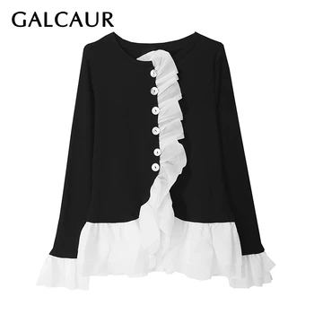 

GALCAUR Patchwork Mesh Ruffle Hit Color Jacket Women O Neck Flare Sleeve Large Size Coat Female 2020 Spring Fashion New Clothes