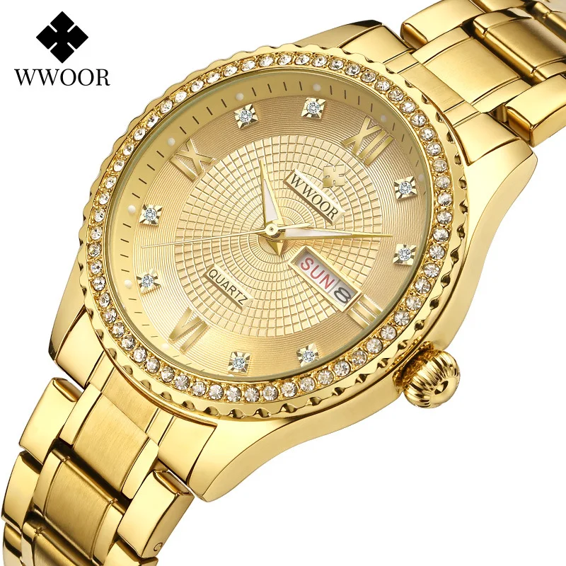 

WWOOR High Quality Waterproof Men's Business Watches Quartz Fashion Date/Day Stainless Steel Men Watch With Rhinestone