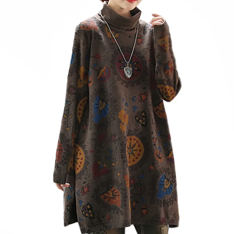 

Plus Size Turtleneck Warm Long Sweaters Fashion Korean Ladies Winter Floral Punk Clothes Womens Vintage Female Printed Pullovers