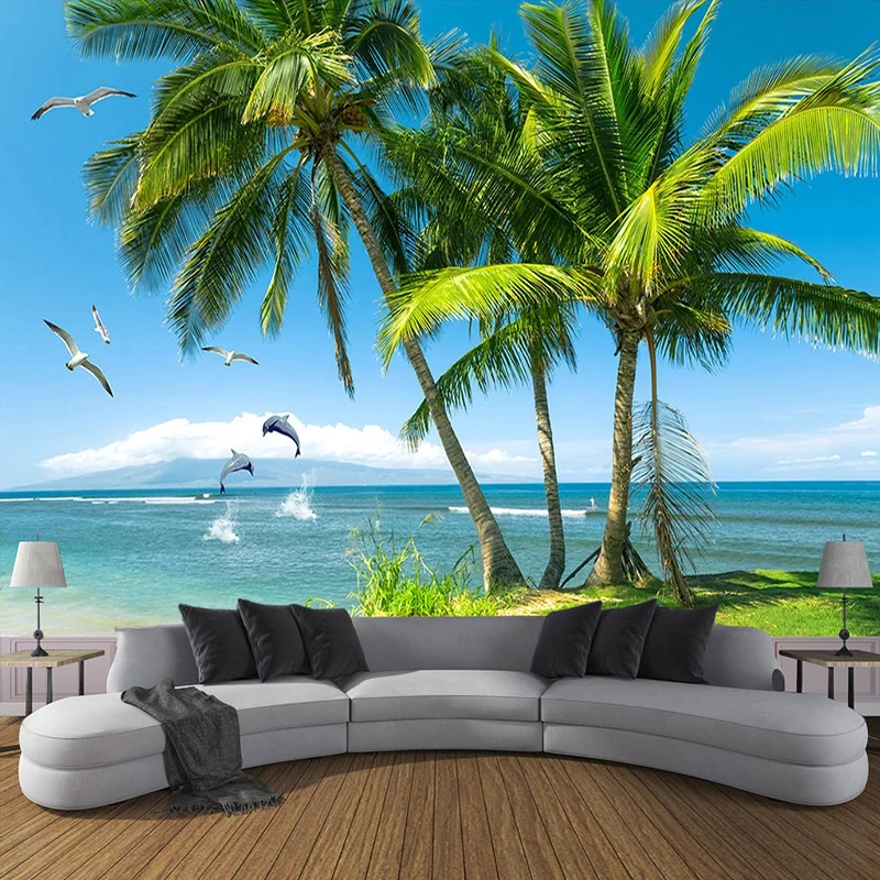 

Drop Shipping Custom Wallpaper Painting Beach Seagull Coconut Tree 3D Photo Wall Paper TV Background Papier Peint Mural 3D