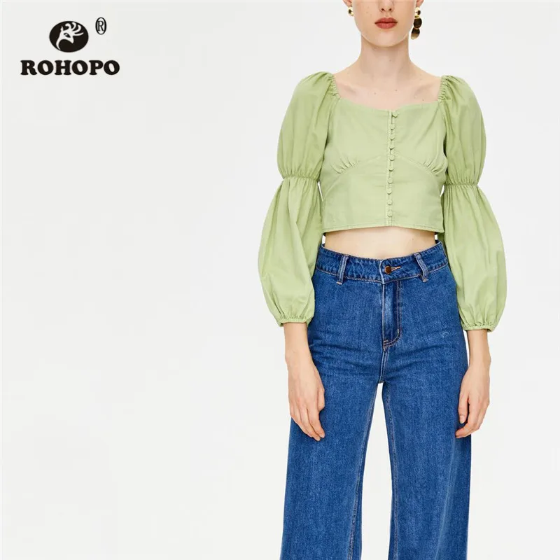 

ROHOPO Puff Long Sleeve Square Collar Green Denim Blouse Front Buttons Fly Back Smocking Crop Solid Elegant Holiday Tops #6207
