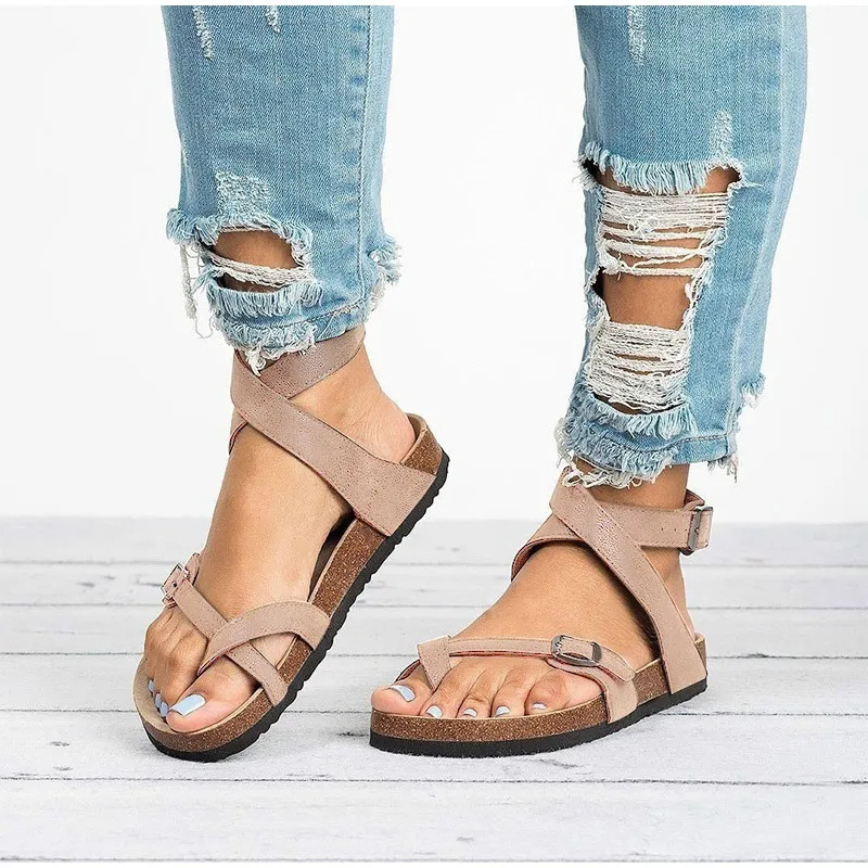 Summer Women Thong Sandals Gladiator Cross Ankle Strap Sandals Platform Metal Buckle Flats Ladies Beach Shoes Plus Size
