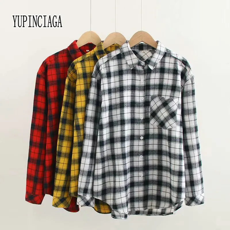 

YUPINCIAGA College Style Casual Cotton Women's Plaid Patchwork Long Sleeve Turndown Collar Shirts Femme Tops And Blouses