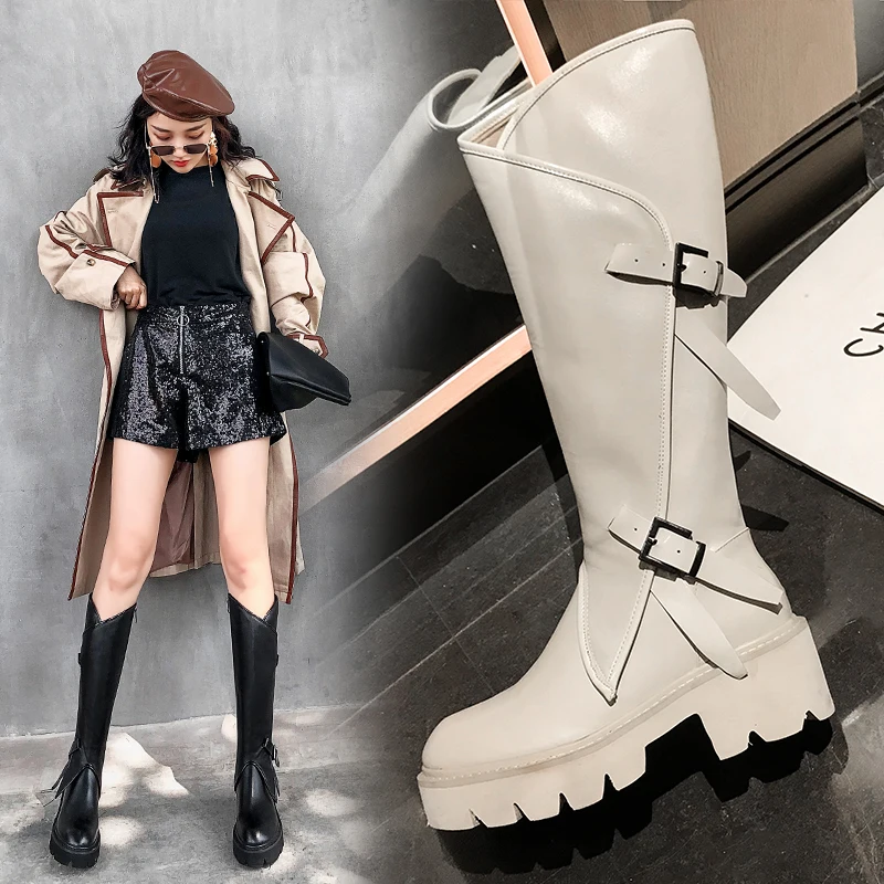 Сапоги до колена из натуральной кожи на высоком толстом каблуке и платформе женские сапоги с пряжкой модная мотоциклетная обувь осень-зима размер 41, 42