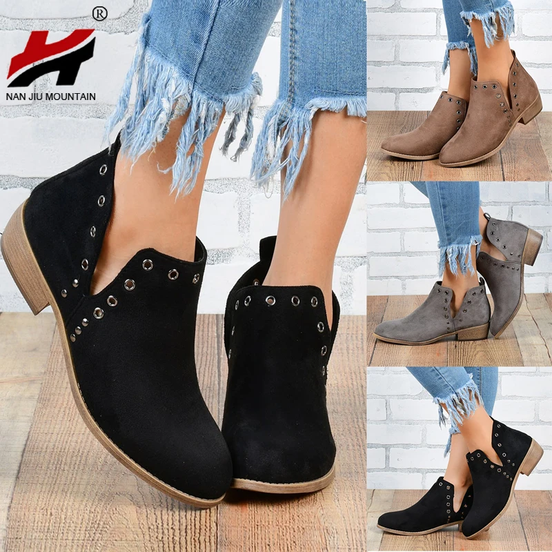 NAN JIU MOUNTAIN-Botines de tacón bajo para mujer, botas planas de Color sólido con decoración de Metal, zapatos de primavera y otoño, 2020