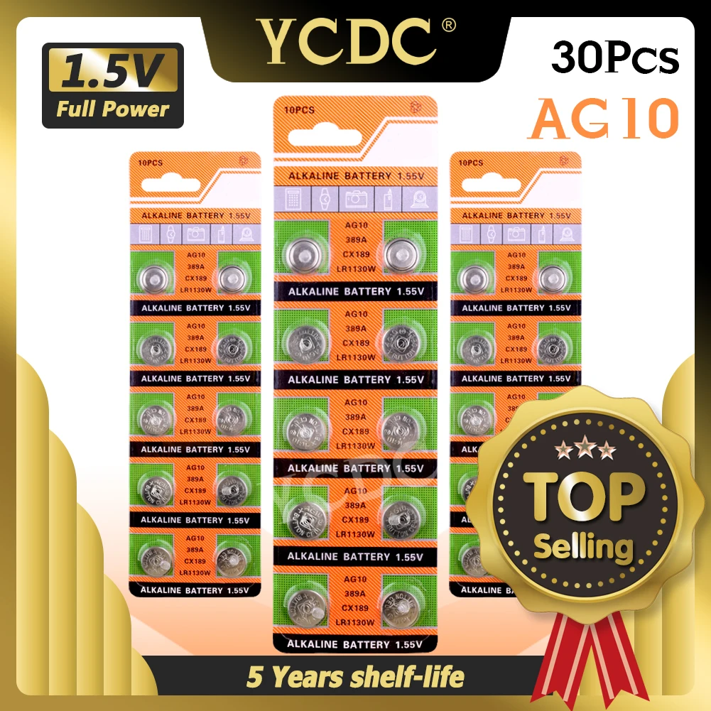 30x LR1130 AG10 V10GA батарея часовая Кнопка монета 189 389 390 LR54 30 шт. G10A SR1130 390A D189 Щелочная |