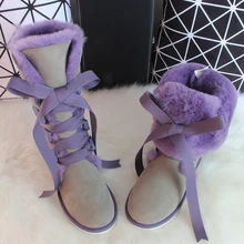 G& Zaco/Роскошные зимние сапоги до колена из овечьей кожи; зимние сапоги из натуральной шерсти; сапоги на овечьем меху; женские высокие сапоги с милым бантом на ремешке; обувь на плоской подошве