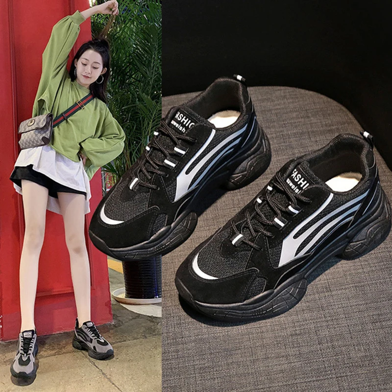 

Reflective Stripes Shoes Women Black Shoes Korean Designer Sneakers Female Chunky Platform Sneakers Chaussures Femme