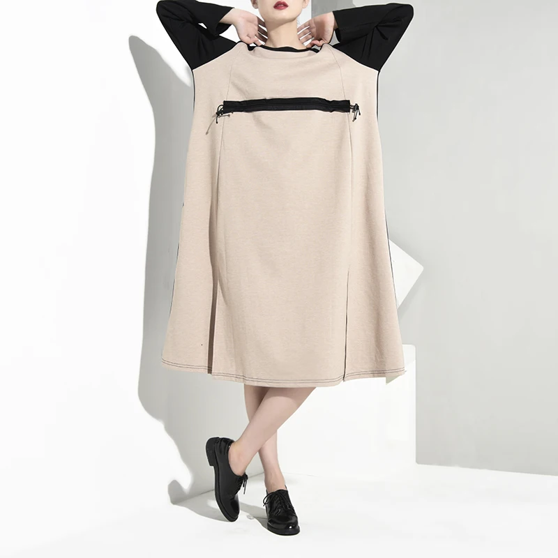 

LANMREM Women Gray Drawstring Loose Long Big Size Dress New Round Neck Long Sleeve Loose Fit Fashion Tide Spring Autumn 1A124