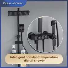 Sistema de ducha de baño, juego de ducha termostática de botón negro de cobre, ducha de lluvia de mano presurizada de 4 velocidades