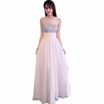 

Beaded Sheer Neck Evening Dresses 2020 Chiffon Long Evening Gowns Floor Length Party Dress Elegant