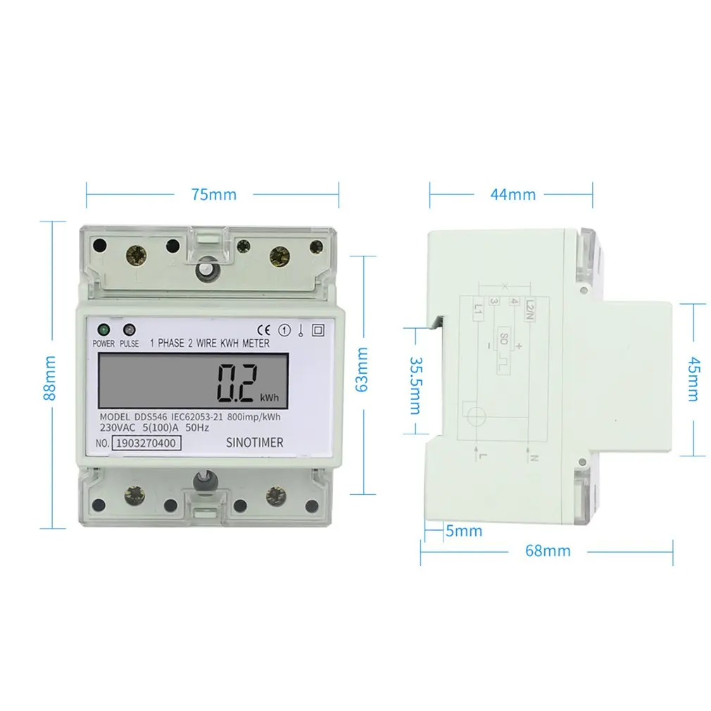 SINOTIMER Family Single Phase 4P 2 Wires Din Rail Digital Wattmeter Electric Energy Meter Power Energy Consumption Monitor