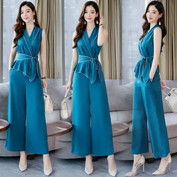 

Fashion temperament office lady Wide leg pants Large size suit summer Korean version Chiffon Pure color Two-piece set women
