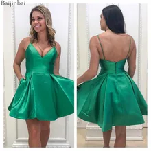 Baijinbay Зеленые атласные платья для выпускного вечера с карманами на тонких бретелях короткие трапециевидные вечерние платья для выпускного вечера