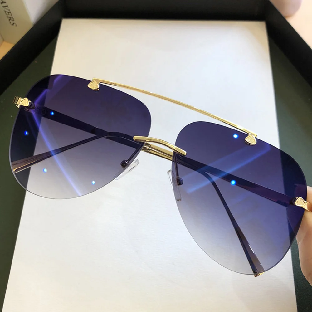 2021 Sunglasses For Men Vintage Rimless Alloy Aviation Pilot  Brand Gradient Sun Glasses Female Metal Oval Shades Black Brown