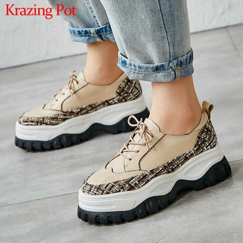 

Krazing Pot cow leather British school preppy style platform patch work non-slip sneakers round toe lace up vulcanized shoes L68