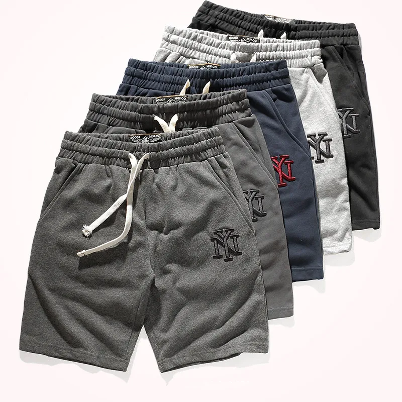 verão curto swaetpants aptidão masculina correndo shorts casuais cintura elástica com cordão de algodão puro esportes calças de cinco pontos