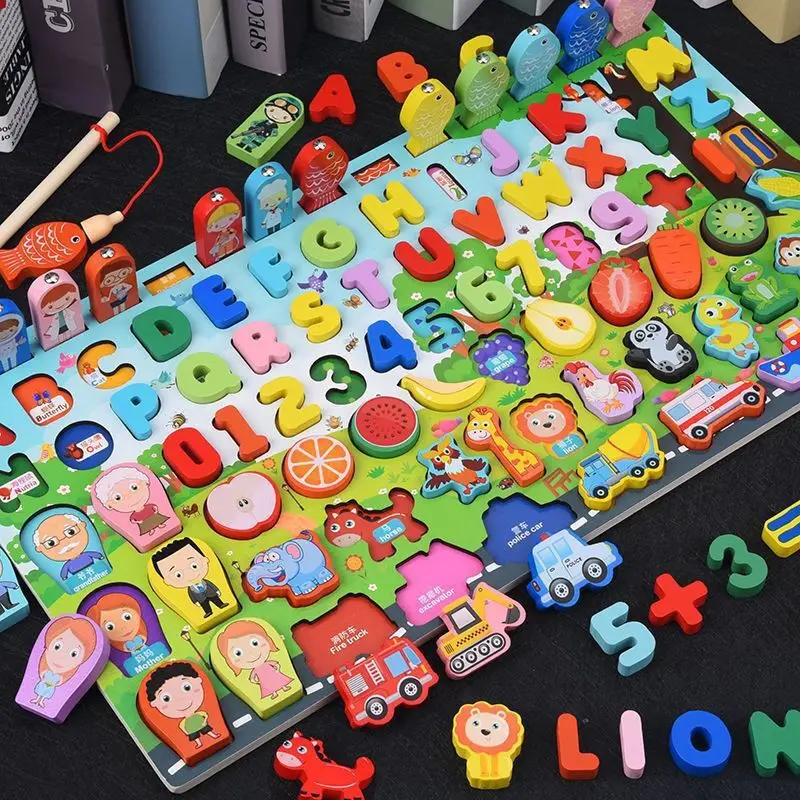 Wooden Montessori Toys Fruit Digital Alphabet Animal Traffic Figure Matching Puzzle Preschool Busy Board Educational Kids Toys