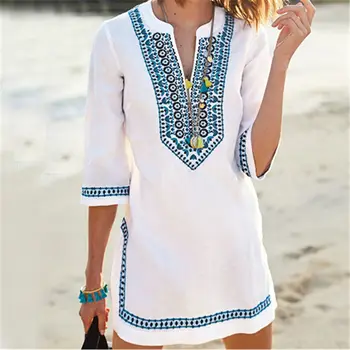 

2020 New Women Beachwear Cover-ups Summer Vintage Embroidery Beach Dress White Tunic Swimsuit Cover Up Sarong Dress