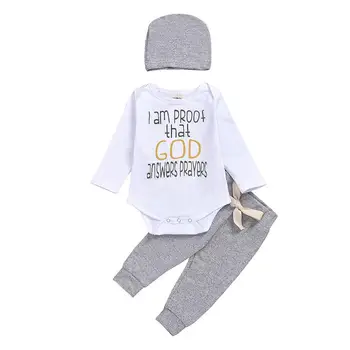 

European Baby Boy Girl Sets Personality Printing Letters Comfort Soft Long-Sleeves Rompers 3pcs Clothes Hat Pants Autumn