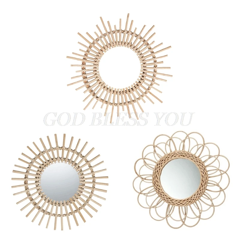 

Rattan Innovative Art Decoration Round Makeup Mirror Dressing Bedroom Bathroom Wall Hanging Mirrors Craft Photo Props Drop Ship