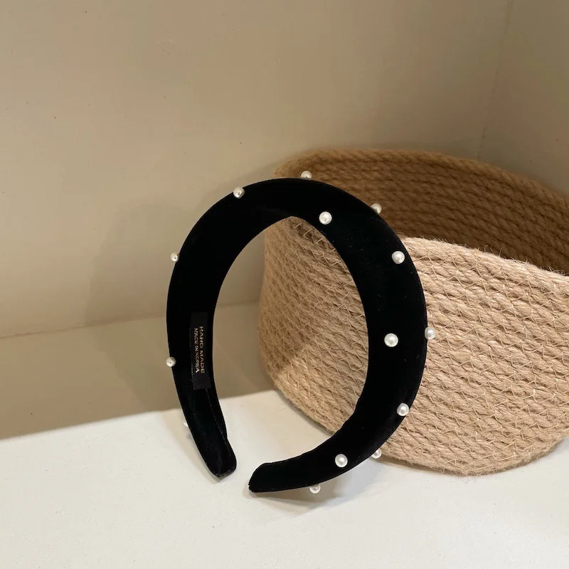 Frauen Schwarz Samt Simulierte-perle Hairband Breite Gepolsterte Puffy Stirnband Mode Elegante Headwrap Haarband Mädchen Haar Zubehör