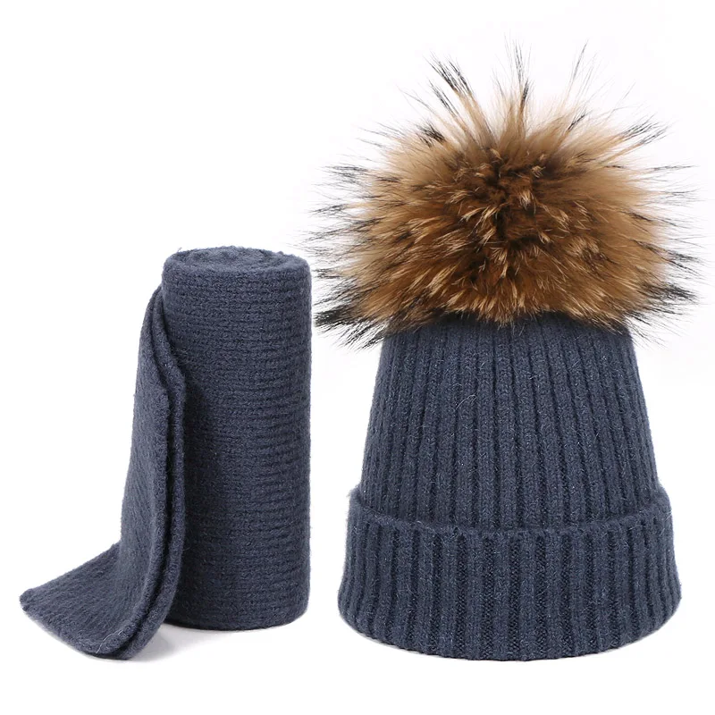 Детская зимняя шапка с помпоном и шарфом, комплект из двух предметов, вязаная теплая уличная Толстая ветрозащитная детская однотонная шапка, шарф, комплект - Цвет: T