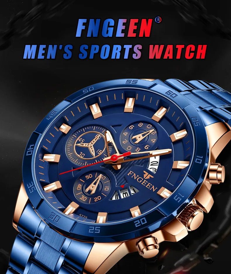 FNGEEN New Fashion Mens Watches Blue Stainless Steel Top Brand Luxury Sports Waterproof Quartz Watch Men Relogio Masculino