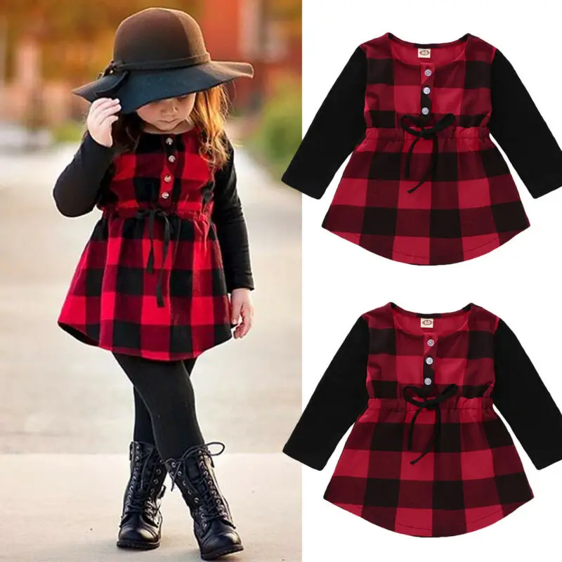Autumn Toddler Kids Baby Girls Plaid Shirt Dress Long Sleeve Button Lace-up Clothes Tutu Red Dresses | Детская одежда и обувь