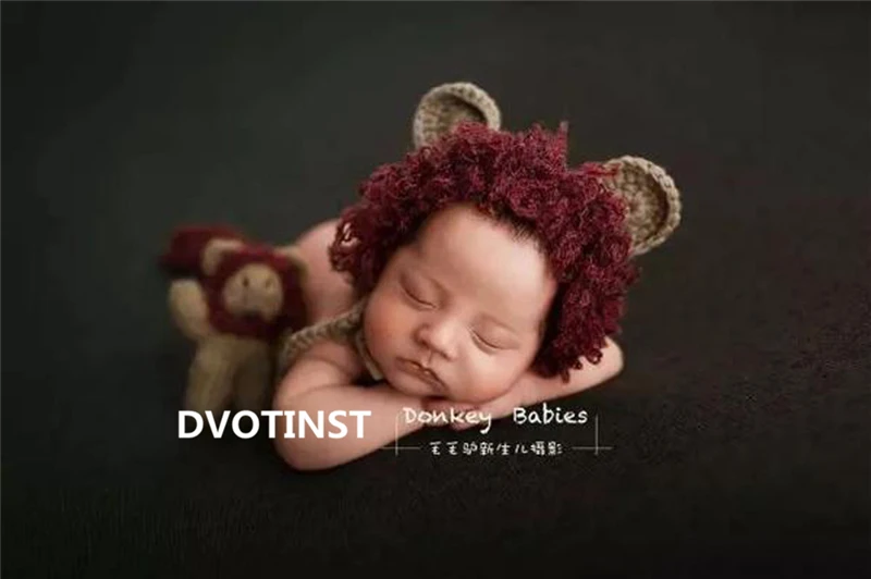Dvotinst Newborn Baby Photography Props Knit Cute Animal Lion Bonnet Hat Tail Set Fotografia Accessorio Studio Shoot Photo Prop