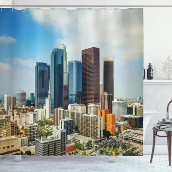 

Fabric Shower Curtain Apartment Decor Los Angeles USA America Cityscape on Sunny Day Colorful Office Buildings Streets Scene