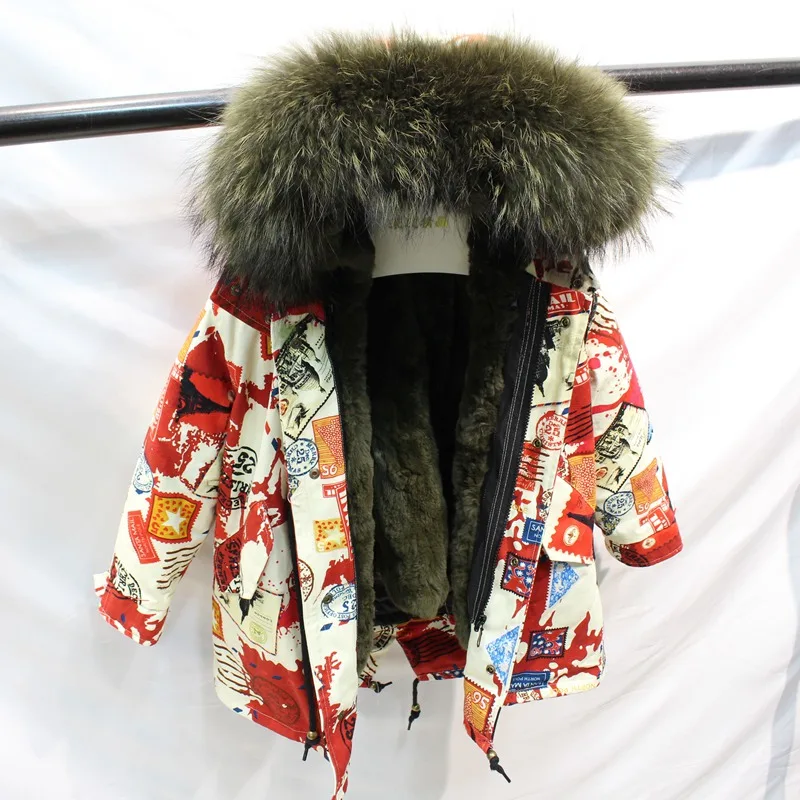 Одежда для маленьких девочек зимняя куртка с натуральным мехом парка, ветровка для мальчика с большим мехом, пальто с капюшоном для девочек, детские куртки, одежда - Цвет: red army fur