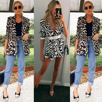 

Autumn Winter Women Coat V-neck OL Long Sleeve Leopard Printed Single Button Slim Fit Coat Blazer Outwear Top