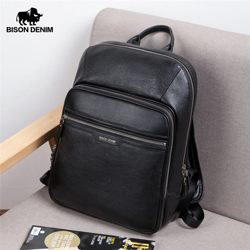 BISON DENIM Genuine Leather Backpack Male 14 inch Laptop Backpack Travel Backpack Male Fashion Backpack Schoolbag For Men N2337