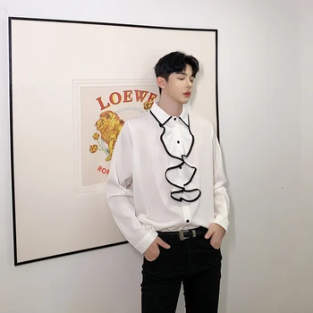 

Male Women Streetwear Polka Dot Party Dress Shirt Men Vintage Ruffles Collar Long Sleeve Loose Casual Shirt Stage Lovers Clothes
