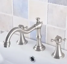 

Brushed Nickel Brass Deck Mounted Dual Handles Widespread Bathroom 3 Holes Basin Faucet Mixer Water Taps mnf687