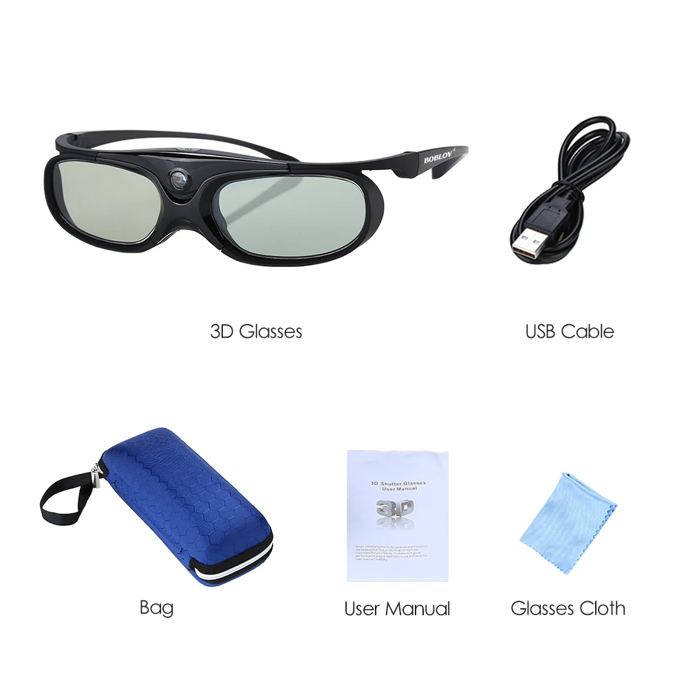 3D Glasses 2pcs Active Shutter DLP-Link USB Blue Compatible BenQ W1070 W700 Dell Projector