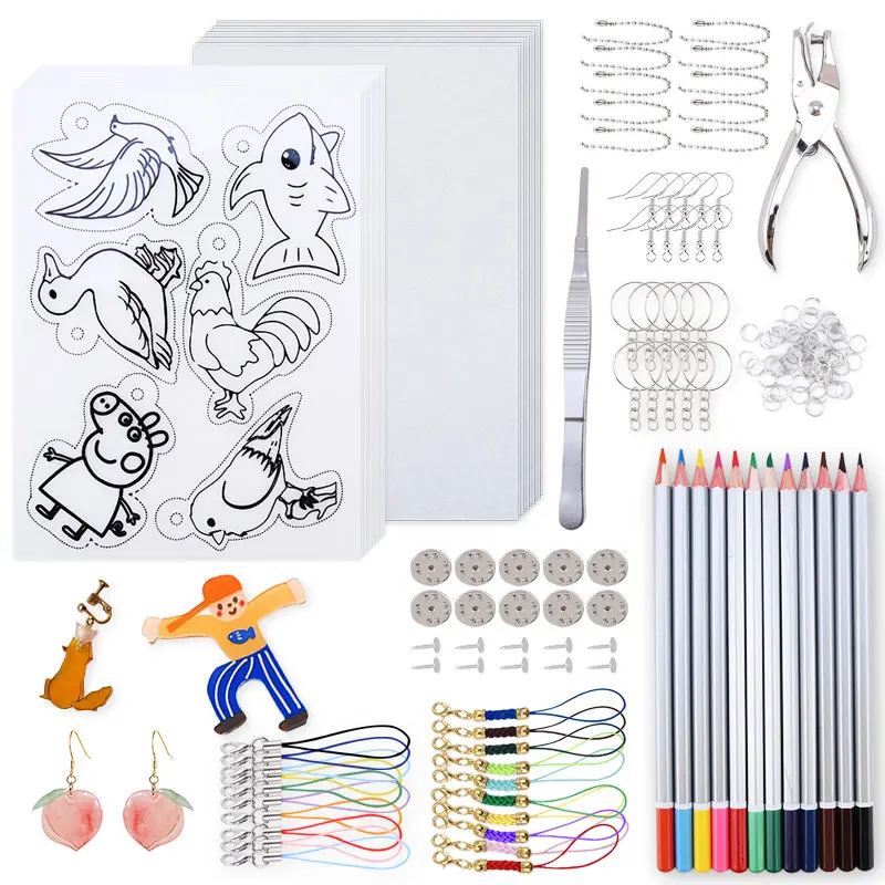 Juego con hojas de plástico termorretráctil, Kit de fabricación de joyas para niños y mujeres, película transparente que se encoge el papel, llaveros DIY, juego de herramientas de joyería