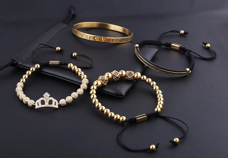 High Quality New Design Fashion CZ Pave Crown Charm Stainless Steel Roman Bangle Luxury Bracelet Set Women - Image 3