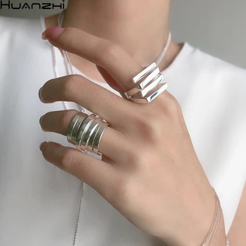 Trendy Multilayer Irregular Trapezoid Square Silver Color Simple Wide Version Metal Rings