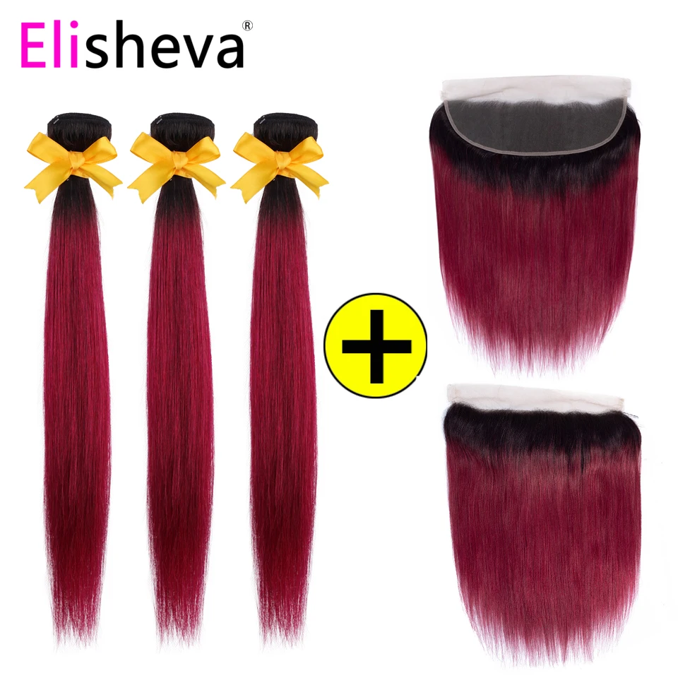Elisheva Ombre Lace фронтальное закрытие с пучком 1b/бордовый перуанский прямой Nonremy человеческих волос пучки волос от светлого до темного цвета с фронтальной
