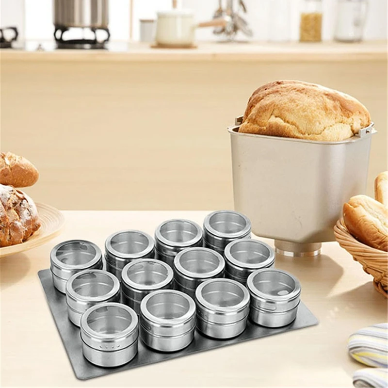 

12 Pieces Magnetic Spice Jars Set Stainless Steel Salt and Pepper Shakers Spice Rack Seasoning Box Condiment Container